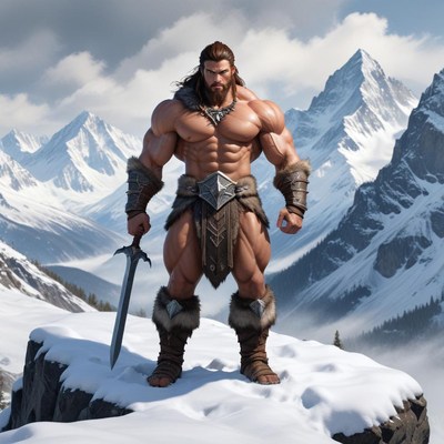 Strong warrior stands on snowy mountain