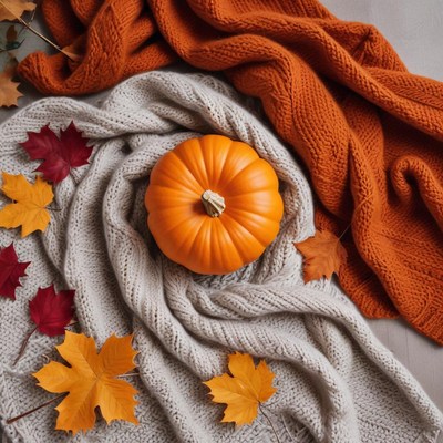 Pumpkin on knit blanket with leaves