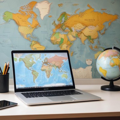 World map and computer workspace setup