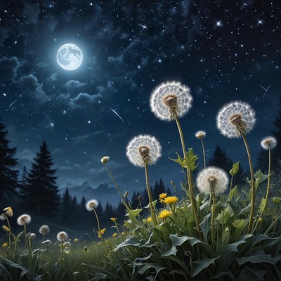 Dandelions under the moonlight sky