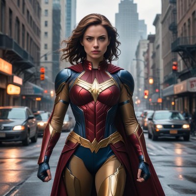 Hero stands in busy city street