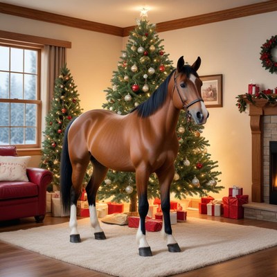 Brown horse in christmas room setting