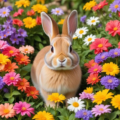 Rabbit in a flower garden
