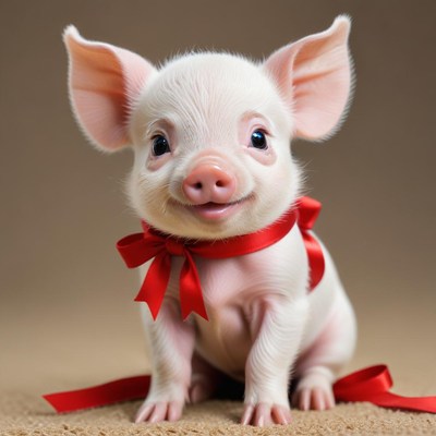 Happy piglet with red ribbon