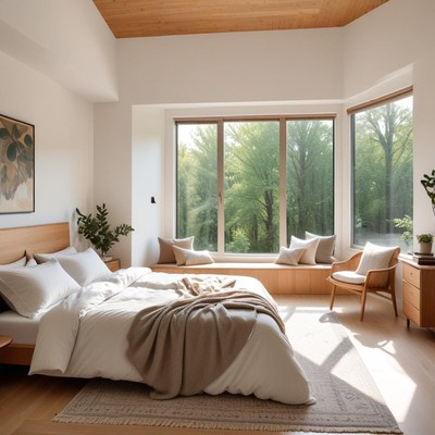 Cozy bedroom with big window view