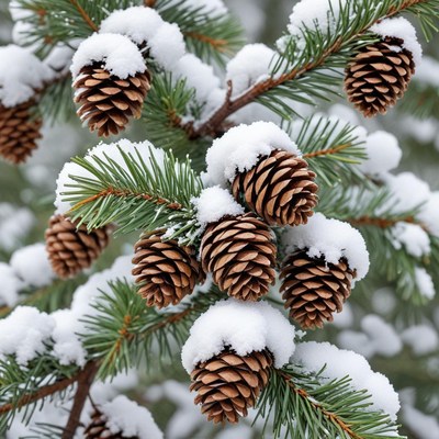 Pinecones on snowy branches in winter