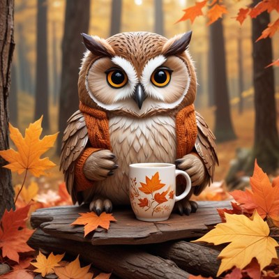 Owl holding mug in autumn setting
