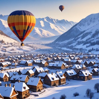 Hot air balloons over winter village