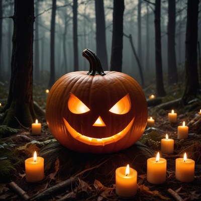Pumpkin and candles in dark forest