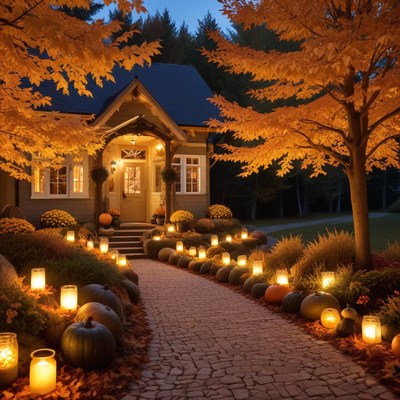 Autumn pathway with lights and pumpkins