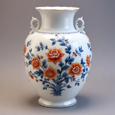 Floral vase with orange and blue design
