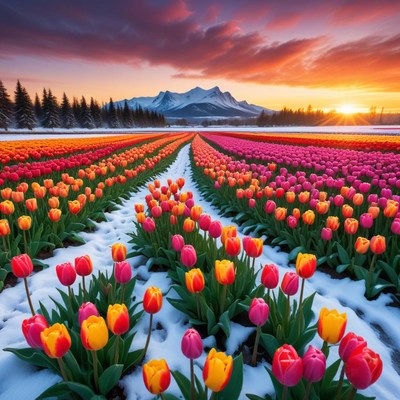 Colorful tulip field at sunset