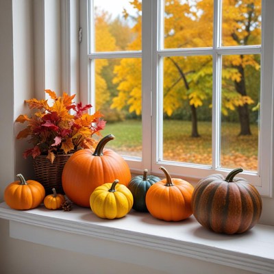 Pumpkins by the autumn window