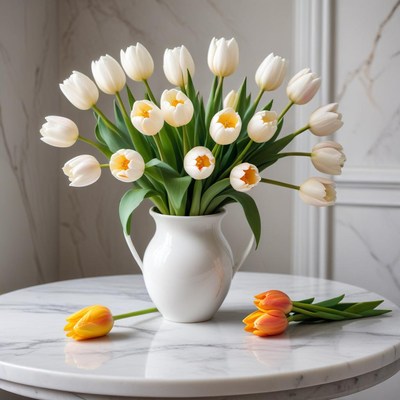 White tulips in a vase on a table