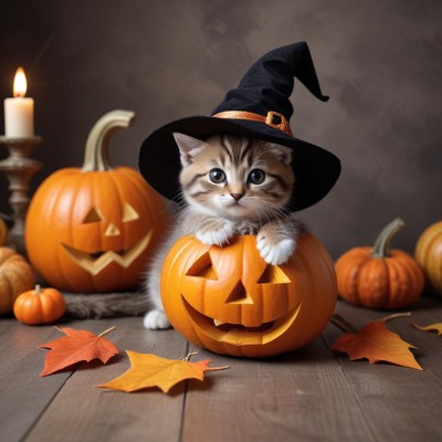 Kitten with pumpkins for halloween