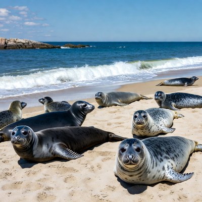 Seals lounging on the beach in sunlight