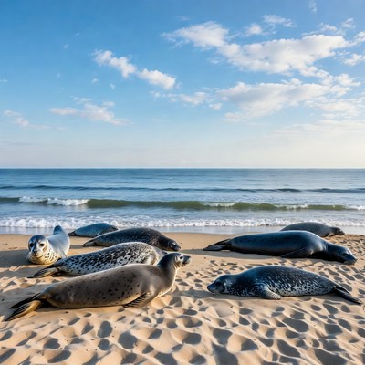 Seals resting on sandy beach