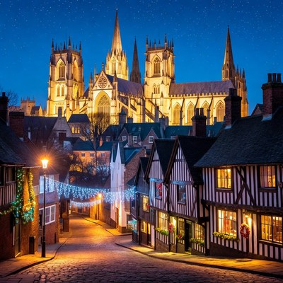 City lights shine on old street