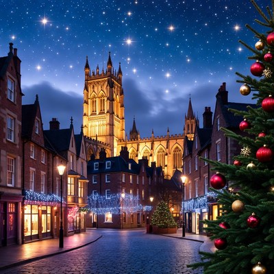Christmas lights in town square at night