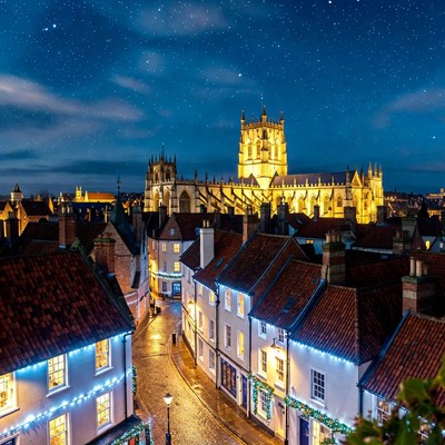 Night view of a historic town street