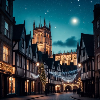 Night scene of a historic street with lights