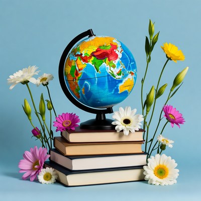Globe with flowers and books on table