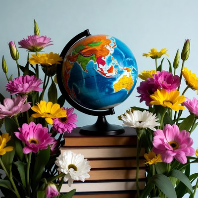 Globe surrounded by flowers on a shelf