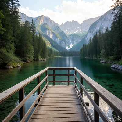 Mountains and lake view from wooden dock