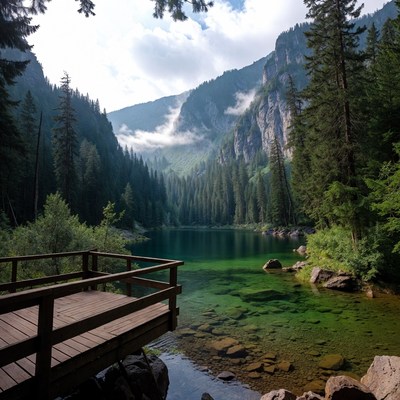 Beautiful lake braies from wooden dock
