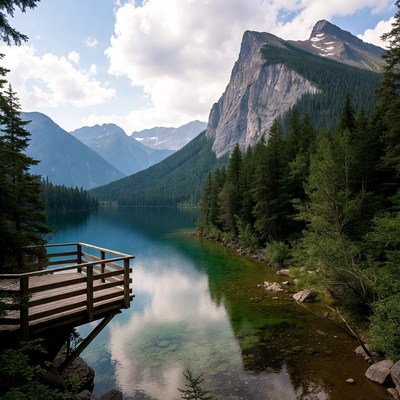 Mountain lake with wooden dock in summer