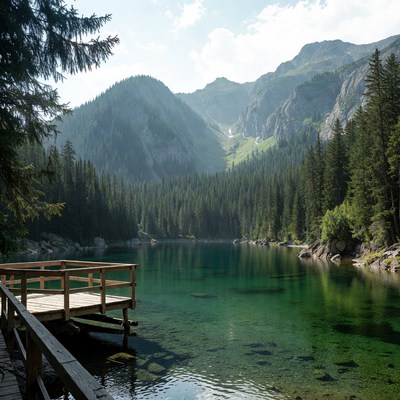 Mountain lake with wooden pier surrounded by trees