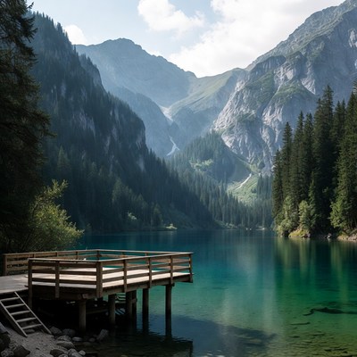 Mountain lake with wooden dock by forest