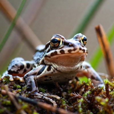 Frog sits on green moss in nature