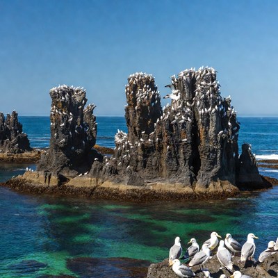 Seabirds nesting on rocky coast