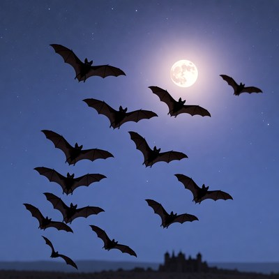 Bats flying under the moon