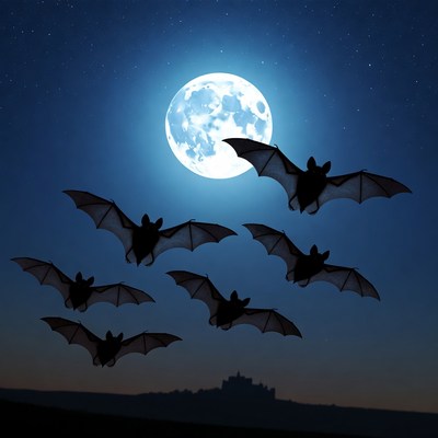 Bats flying under full moon