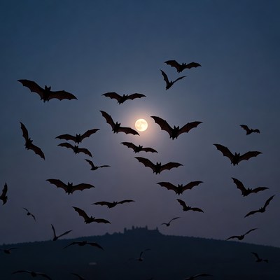 Bats flying under moonlight