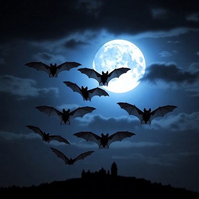 Bats flying under full moon