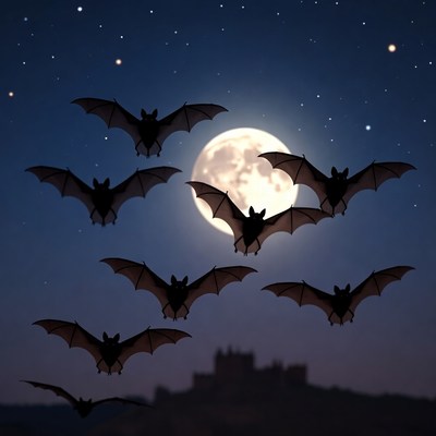 Bats flying under the full moon