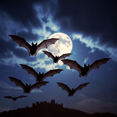 Bats flying under full moon