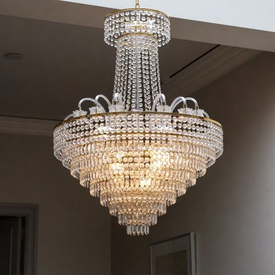 Chandelier with crystal design hangs from ceiling