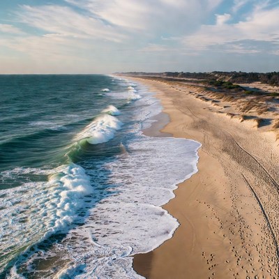 Waves crash on sandy beach during daylight