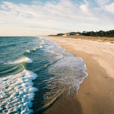 Waves gently touch sandy shore