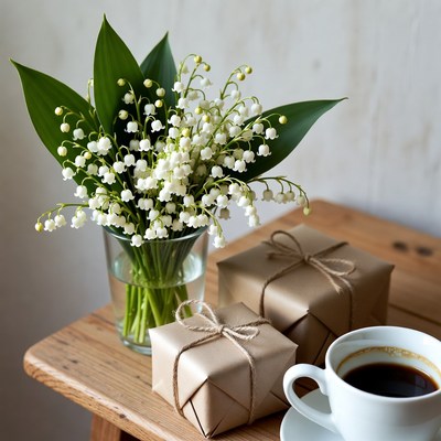 Flowers and gifts on a table