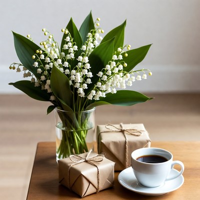 Coffee with flowers and gifts in a cozy room