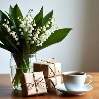 Coffee, gifts, and flowers on table
