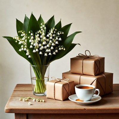 Gifts and flowers on wooden table