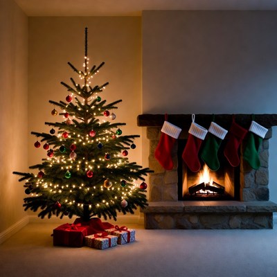 Holiday decorations by the fireplace