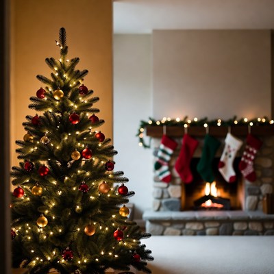 Christmas tree and fireplace in home