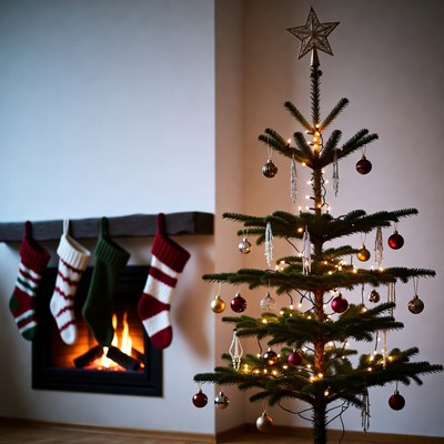 Christmas tree near fireplace with stockings